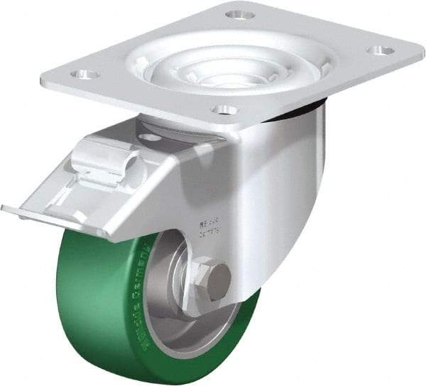 Blickle - 4" Diam x 1-37/64" Wide x 5-7/64" OAH Top Plate Mount Swivel Caster with Brake - Polyurethane-Elastomer Blickle Softhane, 660 Lb Capacity, Ball Bearing, 5-1/2 x 4-3/8" Plate - Industrial Tool & Supply