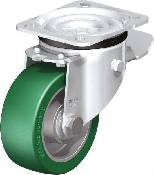 Blickle - 4" Diam x 1-37/64" Wide x 5-7/64" OAH Top Plate Mount Swivel Caster with Brake - Polyurethane-Elastomer Blickle Softhane, 660 Lb Capacity, Ball Bearing, 3-15/16 x 3-3/8" Plate - Industrial Tool & Supply