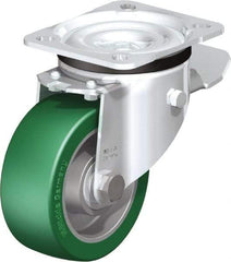 Blickle - 4" Diam x 1-37/64" Wide x 5-7/64" OAH Top Plate Mount Swivel Caster with Brake - Polyurethane-Elastomer Blickle Softhane, 660 Lb Capacity, Ball Bearing, 3-15/16 x 3-3/8" Plate - Industrial Tool & Supply