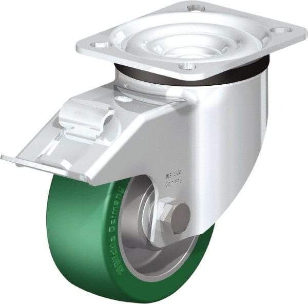 Blickle - 4" Diam x 1-37/64" Wide x 5-7/64" OAH Top Plate Mount Swivel Caster with Brake - Polyurethane-Elastomer Blickle Softhane, 660 Lb Capacity, Ball Bearing, 3-15/16 x 3-3/8" Plate - Industrial Tool & Supply