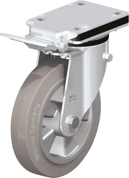 Blickle - 8" Diam x 1-31/32" Wide x 10-5/16" OAH Top Plate Mount Swivel Caster with Brake - Solid Rubber, 1,100 Lb Capacity, Ball Bearing, 5-1/2 x 4-3/8" Plate - Industrial Tool & Supply