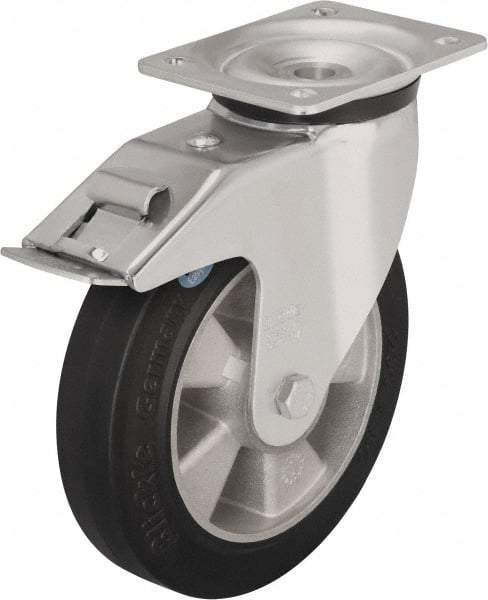 Blickle - 5" Diam x 1-31/32" Wide x 6-11/16" OAH Top Plate Mount Swivel Caster with Brake - Solid Rubber, 594 Lb Capacity, Ball Bearing, 5-1/2 x 4-3/8" Plate - Industrial Tool & Supply