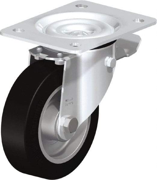 Blickle - 5" Diam x 1-37/64" Wide x 6-7/64" OAH Top Plate Mount Swivel Caster with Brake - Solid Rubber, 550 Lb Capacity, Ball Bearing, 5-1/2 x 4-3/8" Plate - Industrial Tool & Supply