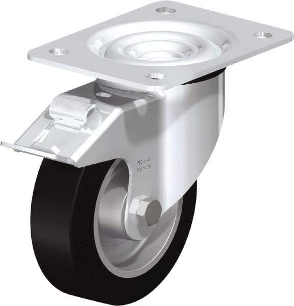 Blickle - 5" Diam x 1-37/64" Wide x 6-7/64" OAH Top Plate Mount Swivel Caster with Brake - Solid Rubber, 550 Lb Capacity, Ball Bearing, 5-1/2 x 4-3/8" Plate - Industrial Tool & Supply