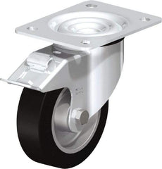 Blickle - 5" Diam x 1-37/64" Wide x 6-7/64" OAH Top Plate Mount Swivel Caster with Brake - Solid Rubber, 550 Lb Capacity, Ball Bearing, 5-1/2 x 4-3/8" Plate - Industrial Tool & Supply