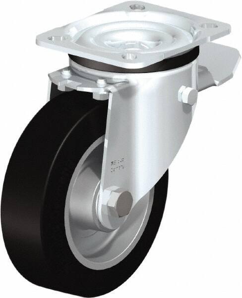 Blickle - 5" Diam x 1-37/64" Wide x 6-7/64" OAH Top Plate Mount Swivel Caster with Brake - Solid Rubber, 550 Lb Capacity, Ball Bearing, 3-15/16 x 3-3/8" Plate - Industrial Tool & Supply