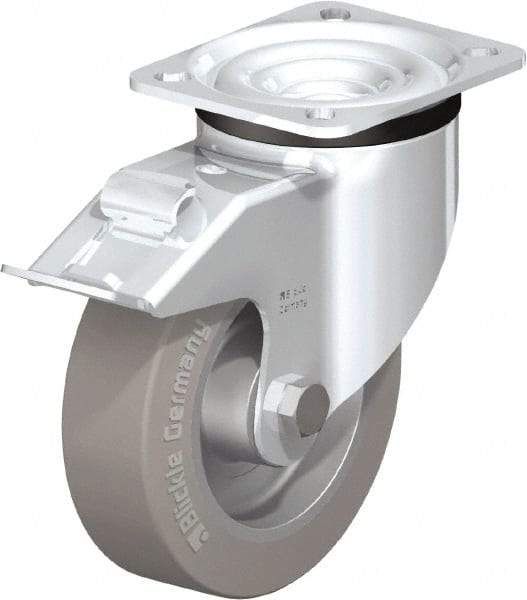 Blickle - 5" Diam x 1-37/64" Wide x 6-7/64" OAH Top Plate Mount Swivel Caster with Brake - Solid Rubber, 550 Lb Capacity, Ball Bearing, 3-15/16 x 3-3/8" Plate - Industrial Tool & Supply