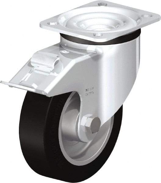Blickle - 5" Diam x 1-37/64" Wide x 6-7/64" OAH Top Plate Mount Swivel Caster with Brake - Solid Rubber, 550 Lb Capacity, Ball Bearing, 3-15/16 x 3-3/8" Plate - Industrial Tool & Supply