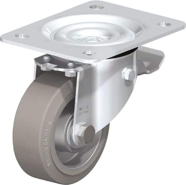 Blickle - 4" Diam x 1-37/64" Wide x 5-7/64" OAH Top Plate Mount Swivel Caster with Brake - Solid Rubber, 440 Lb Capacity, Ball Bearing, 5-1/2 x 4-3/8" Plate - Industrial Tool & Supply