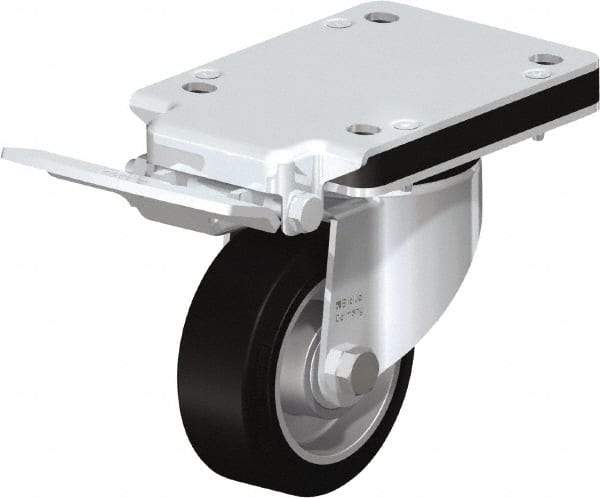 Blickle - 4" Diam x 1-37/64" Wide x 5-5/32" OAH Top Plate Mount Swivel Caster with Brake - Solid Rubber, 440 Lb Capacity, Ball Bearing, 5-1/2 x 4-3/8" Plate - Industrial Tool & Supply