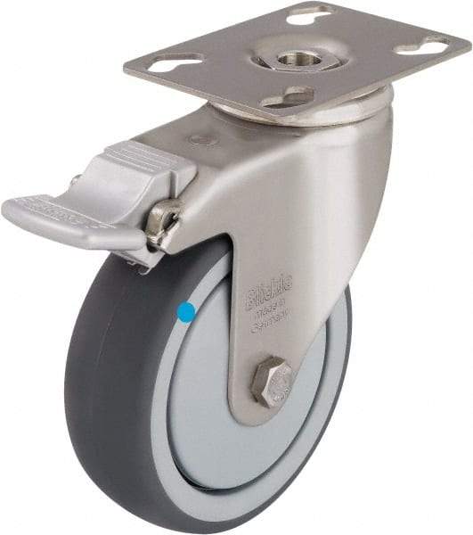 Blickle - 3" Diam x 1-1/4" Wide x 4-3/8" OAH Top Plate Mount Swivel Caster with Brake - Thermoplastic Rubber Elastomer (TPE), 220 Lb Capacity, Ball Bearing, 3-9/16 x 2-5/8" Plate - Industrial Tool & Supply