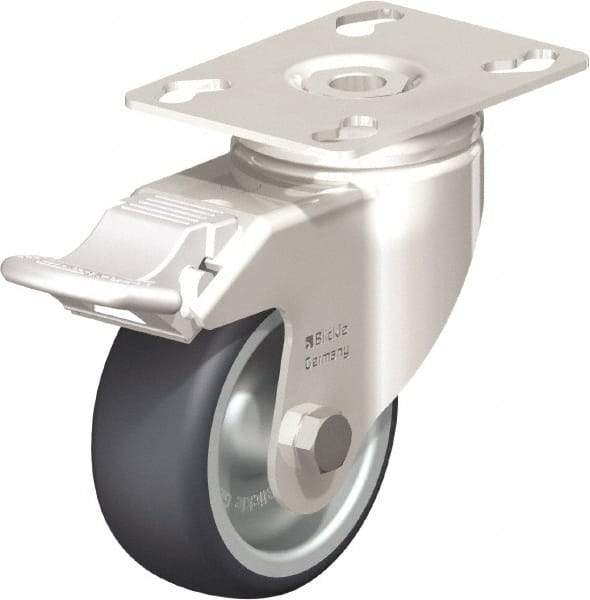 Blickle - 3" Diam x 1-1/4" Wide x 4-3/8" OAH Top Plate Mount Swivel Caster with Brake - Thermoplastic Rubber Elastomer (TPE), 220 Lb Capacity, Plain Bore Bearing, 3-9/16 x 2-5/8" Plate - Industrial Tool & Supply