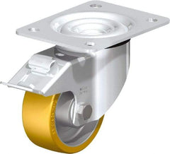 Blickle - 4" Diam x 1-9/16" Wide x 5-7/64" OAH Top Plate Mount Swivel Caster with Brake - Polyurethane-Elastomer Blickle Extrathane, 550 Lb Capacity, Ball Bearing, 5-1/2 x 4-3/8" Plate - Industrial Tool & Supply