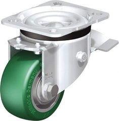 Blickle - 3" Diam x 1-9/16" Wide x 4-21/64" OAH Top Plate Mount Swivel Caster with Brake - Polyurethane-Elastomer Blickle Softhane, 506 Lb Capacity, Ball Bearing, 3-15/16 x 3-3/8" Plate - Industrial Tool & Supply