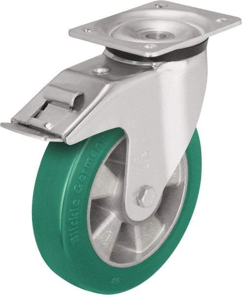 Blickle - 6" Diam x 2-1/8" Wide x 7-3/4" OAH Top Plate Mount Swivel Caster with Brake - Polyurethane-Elastomer Blickle Softhane, 1,100 Lb Capacity, Ball Bearing, 5-1/2 x 4-3/8" Plate - Industrial Tool & Supply