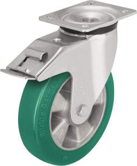 Blickle - 5" Diam x 2-1/8" Wide x 6-11/16" OAH Top Plate Mount Swivel Caster with Brake - Polyurethane-Elastomer Blickle Softhane, 990 Lb Capacity, Ball Bearing, 5-1/2 x 4-3/8" Plate - Industrial Tool & Supply