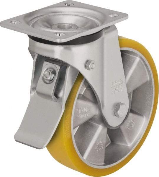 Blickle - 5" Diam x 2-1/8" Wide x 6-11/16" OAH Top Plate Mount Swivel Caster with Brake - Polyurethane-Elastomer Blickle Extrathane, 990 Lb Capacity, Ball Bearing, 5-1/2 x 4-3/8" Plate - Industrial Tool & Supply