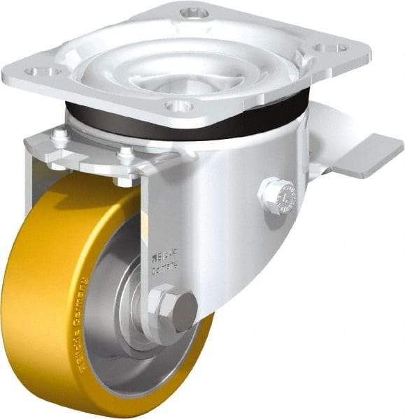 Blickle - 3" Diam x 1-11/64" Wide x 4-21/64" OAH Top Plate Mount Swivel Caster with Brake - Polyurethane-Elastomer Blickle Extrathane, 396 Lb Capacity, Ball Bearing, 3-15/16 x 3-3/8" Plate - Industrial Tool & Supply