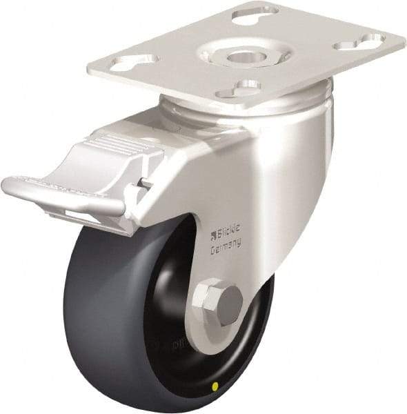 Blickle - 3" Diam x 1-1/4" Wide x 4-3/8" OAH Top Plate Mount Swivel Caster with Brake - Thermoplastic Rubber Elastomer (TPE), 143 Lb Capacity, Plain Bore Bearing, 3-9/16 x 2-5/8" Plate - Industrial Tool & Supply