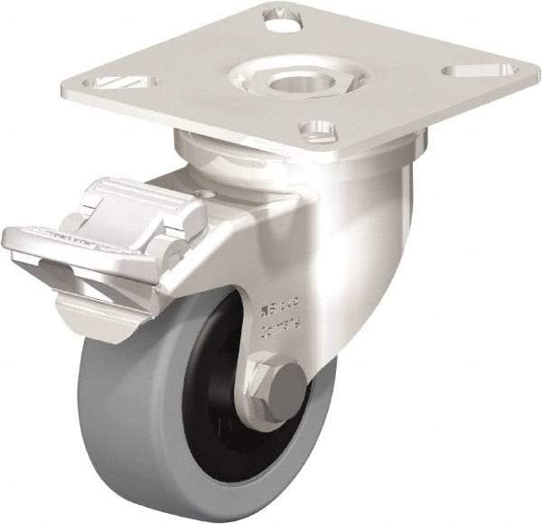 Blickle - 2" Diam x 45/64" Wide x 2-51/64" OAH Top Plate Mount Swivel Caster with Brake - Solid Rubber, 88 Lb Capacity, Plain Bore Bearing, 2-3/8 x 2-3/8" Plate - Industrial Tool & Supply