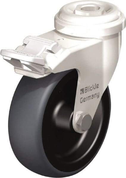 Blickle - 3" Diam x 63/64" Wide x 3-27/32" OAH Hollow Kingpin Mount Swivel Caster with Brake - Thermoplastic Rubber Elastomer (TPE), 165 Lb Capacity, Plain Bore Bearing, Hollow Kingpin Stem - Industrial Tool & Supply