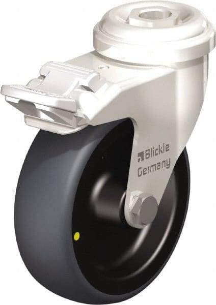 Blickle - 3" Diam x 63/64" Wide x 3-27/32" OAH Hollow Kingpin Mount Swivel Caster with Brake - Thermoplastic Rubber Elastomer (TPE), 110 Lb Capacity, Plain Bore Bearing, Hollow Kingpin Stem - Industrial Tool & Supply