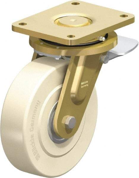 Blickle - 8" Diam x 2-5/32" Wide x 10-1/32" OAH Top Plate Mount Swivel Caster with Brake - Impact-Resistant Cast Nylon, 6,600 Lb Capacity, Ball Bearing, 6-7/8 x 5-1/2" Plate - Industrial Tool & Supply