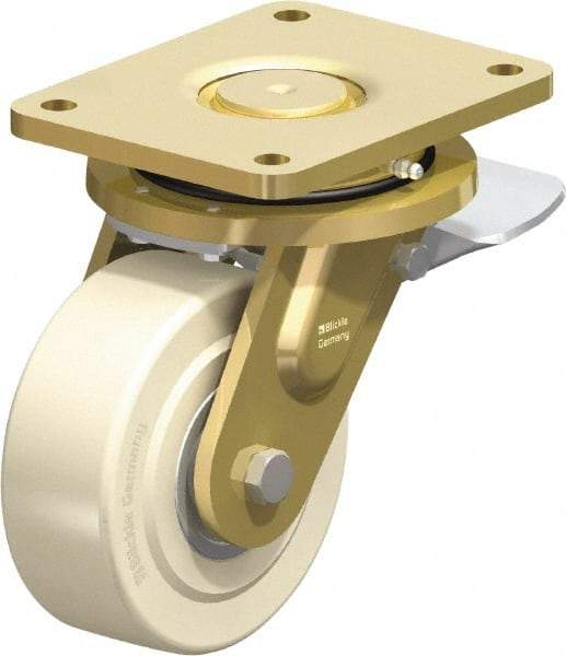 Blickle - 6" Diam x 2-5/32" Wide x 8-5/64" OAH Top Plate Mount Swivel Caster with Brake - Impact-Resistant Cast Nylon, 5,500 Lb Capacity, Ball Bearing, 6-7/8 x 5-1/2" Plate - Industrial Tool & Supply