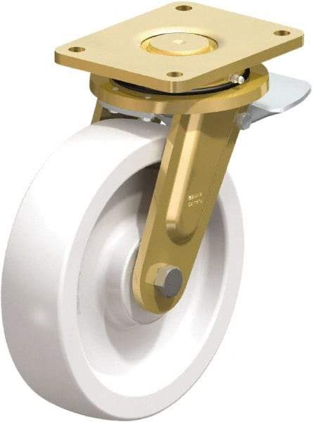 Blickle - 10" Diam x 2-9/16" Wide x 12" OAH Top Plate Mount Swivel Caster with Brake - Impact-Resistant Nylon, 4,400 Lb Capacity, Plain Bore Bearing, 6-7/8 x 5-1/2" Plate - Industrial Tool & Supply