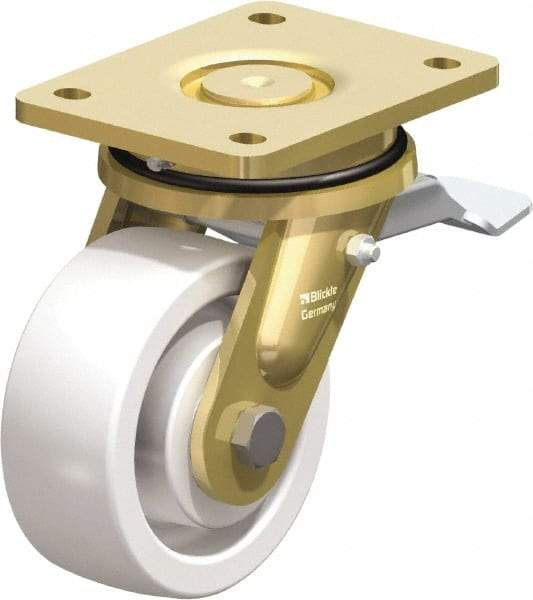Blickle - 5" Diam x 1-31/32" Wide x 6-11/16" OAH Top Plate Mount Swivel Caster with Brake - Impact-Resistant Nylon, 1,650 Lb Capacity, Ball Bearing, 5-1/2 x 4-3/8" Plate - Industrial Tool & Supply