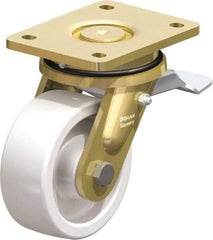 Blickle - 5" Diam x 1-31/32" Wide x 6-11/16" OAH Top Plate Mount Swivel Caster with Brake - Impact-Resistant Nylon, 1,650 Lb Capacity, Plain Bore Bearing, 5-1/2 x 4-3/8" Plate - Industrial Tool & Supply