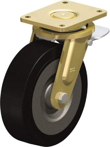Blickle - 10" Diam x 3-9/64" Wide x 12" OAH Top Plate Mount Swivel Caster with Brake - Solid Rubber, 2,200 Lb Capacity, Ball Bearing, 6-7/8 x 5-1/2" Plate - Industrial Tool & Supply