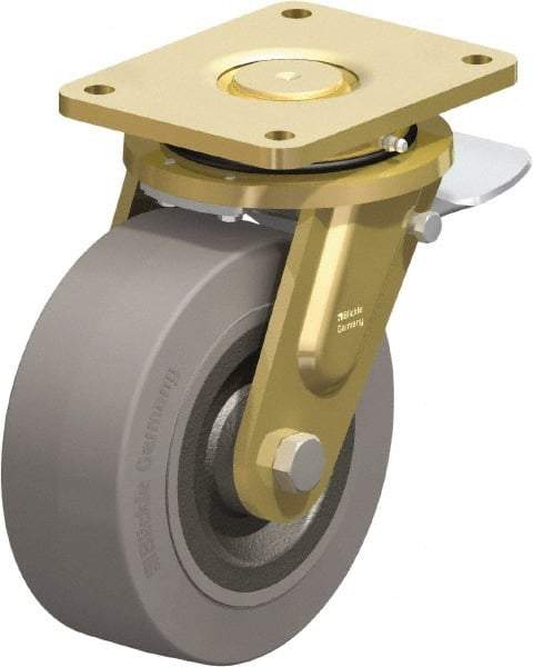 Blickle - 8" Diam x 3-9/64" Wide x 10-1/32" OAH Top Plate Mount Swivel Caster with Brake - Solid Rubber, 1,870 Lb Capacity, Ball Bearing, 6-7/8 x 5-1/2" Plate - Industrial Tool & Supply