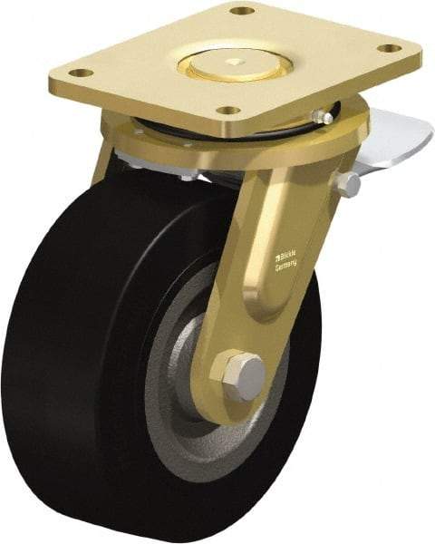 Blickle - 8" Diam x 3-9/64" Wide x 10-1/32" OAH Top Plate Mount Swivel Caster with Brake - Solid Rubber, 1,870 Lb Capacity, Ball Bearing, 6-7/8 x 5-1/2" Plate - Industrial Tool & Supply