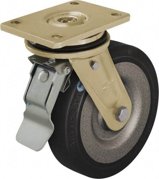 Blickle - 10" Diam x 2-23/64" Wide x 12" OAH Top Plate Mount Swivel Caster with Brake - Solid Rubber, 1,870 Lb Capacity, Ball Bearing, 6-7/8 x 5-1/2" Plate - Industrial Tool & Supply