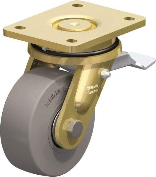 Blickle - 5" Diam x 1-31/32" Wide x 6-11/16" OAH Top Plate Mount Swivel Caster with Brake - Solid Rubber, 704 Lb Capacity, Ball Bearing, 5-1/2 x 4-3/8" Plate - Industrial Tool & Supply