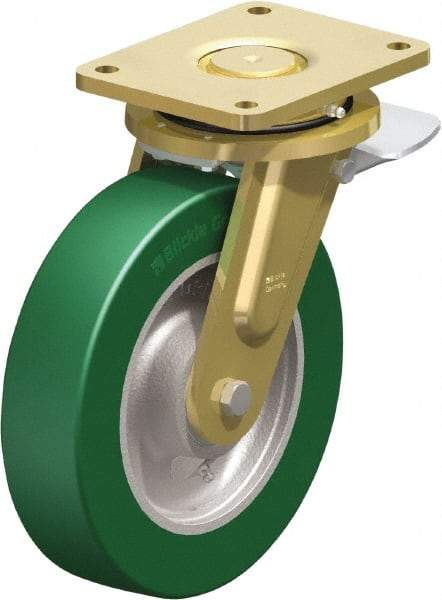 Blickle - 10" Diam x 2-23/64" Wide x 12" OAH Top Plate Mount Swivel Caster with Brake - Polyurethane-Elastomer Blickle Softhane, 2,640 Lb Capacity, Ball Bearing, 6-7/8 x 5-1/2" Plate - Industrial Tool & Supply