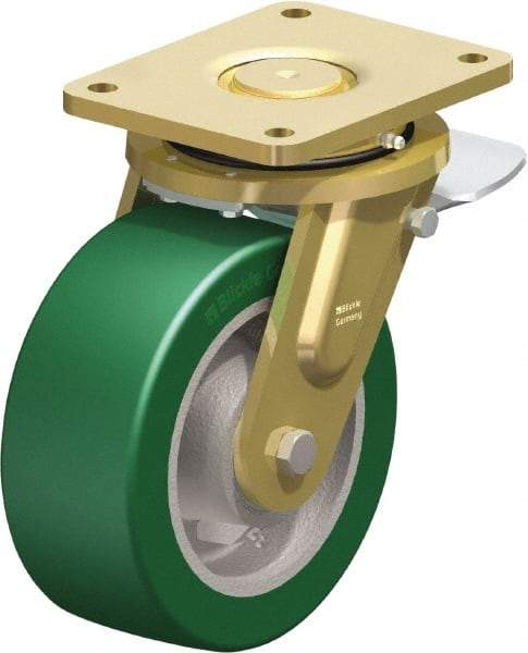 Blickle - 8" Diam x 3-9/64" Wide x 10-1/32" OAH Top Plate Mount Swivel Caster with Brake - Polyurethane-Elastomer Blickle Softhane, 2,640 Lb Capacity, Ball Bearing, 6-7/8 x 5-1/2" Plate - Industrial Tool & Supply