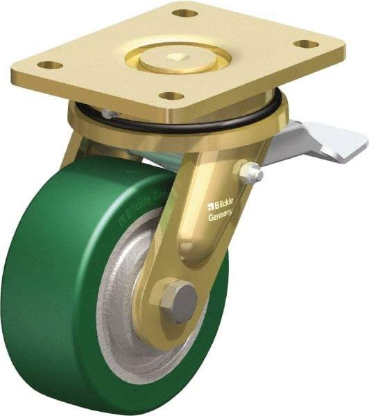 Blickle - 5" Diam x 1-31/32" Wide x 6-11/16" OAH Top Plate Mount Swivel Caster with Brake - Polyurethane-Elastomer Blickle Softhane, 990 Lb Capacity, Ball Bearing, 5-1/2 x 4-3/8" Plate - Industrial Tool & Supply