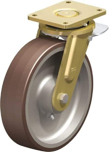 Blickle - 12" Diam x 3-9/64" Wide x 13-31/32" OAH Top Plate Mount Swivel Caster with Brake - Polyurethane-Elastomer Blickle Besthane, 5,280 Lb Capacity, Ball Bearing, 6-7/8 x 5-1/2" Plate - Industrial Tool & Supply