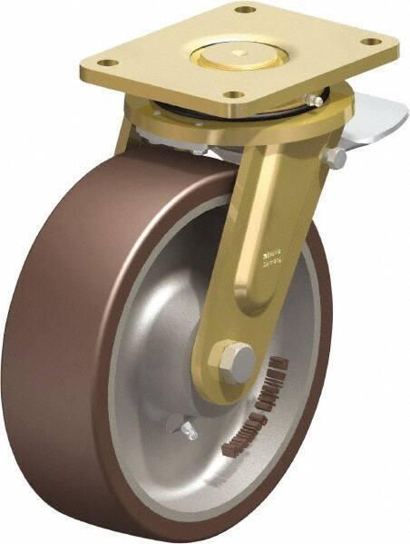 Blickle - 10" Diam x 3-9/64" Wide x 12" OAH Top Plate Mount Swivel Caster with Brake - Polyurethane-Elastomer Blickle Besthane, 3,960 Lb Capacity, Ball Bearing, 6-7/8 x 5-1/2" Plate - Industrial Tool & Supply