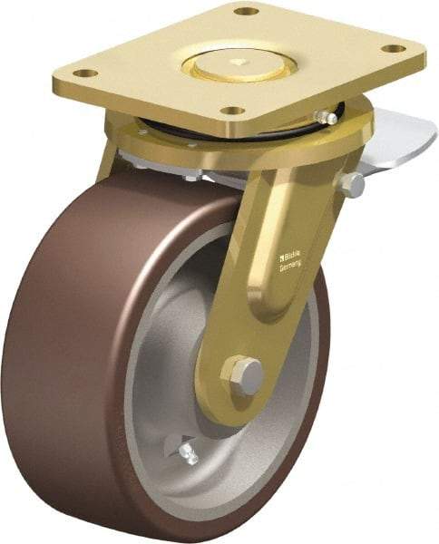 Blickle - 8" Diam x 3-9/64" Wide x 10-1/32" OAH Top Plate Mount Swivel Caster with Brake - Polyurethane-Elastomer Blickle Besthane, 3,520 Lb Capacity, Ball Bearing, 6-7/8 x 5-1/2" Plate - Industrial Tool & Supply