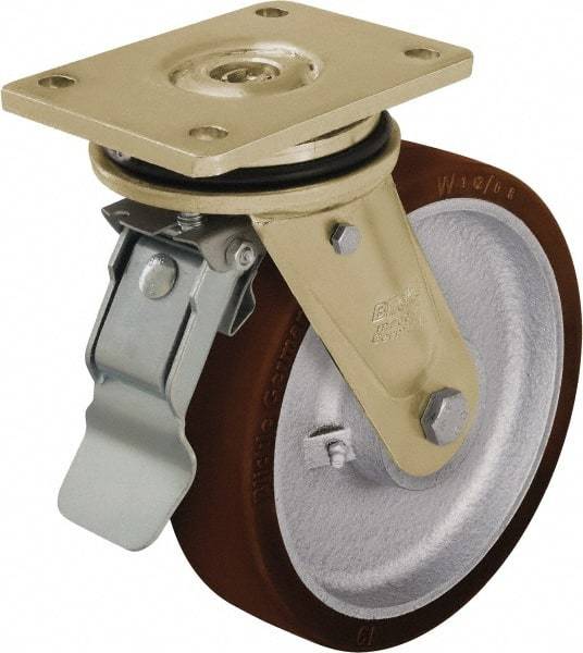 Blickle - 10" Diam x 2-23/64" Wide x 12" OAH Top Plate Mount Swivel Caster with Brake - Polyurethane-Elastomer Blickle Besthane, 3,300 Lb Capacity, Ball Bearing, 6-7/8 x 5-1/2" Plate - Industrial Tool & Supply