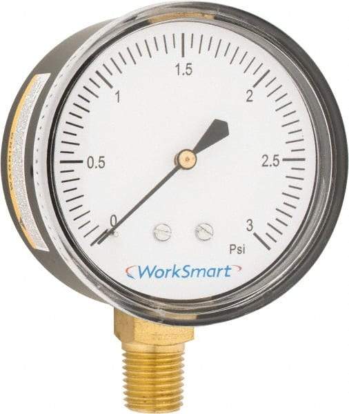 Value Collection - 2-1/2" Dial, 1/4 Thread, 0-3 Scale Range, Pressure Gauge - Lower Connection Mount, Accurate to 1.5% of Scale - Industrial Tool & Supply