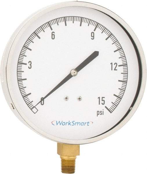 Value Collection - 4-1/2" Dial, 1/4 Thread, 0-15 Scale Range, Pressure Gauge - Lower Connection Mount, Accurate to 0.01% of Scale - Industrial Tool & Supply