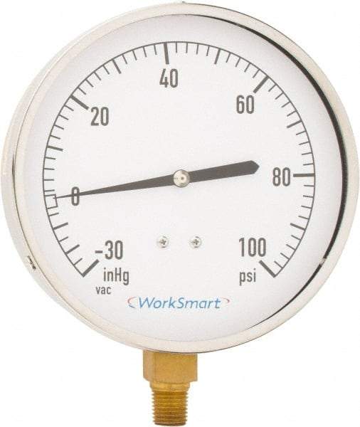 Value Collection - 4-1/2" Dial, 1/4 Thread, 30-0-100 Scale Range, Pressure Gauge - Lower Connection Mount, Accurate to 0.01% of Scale - Industrial Tool & Supply