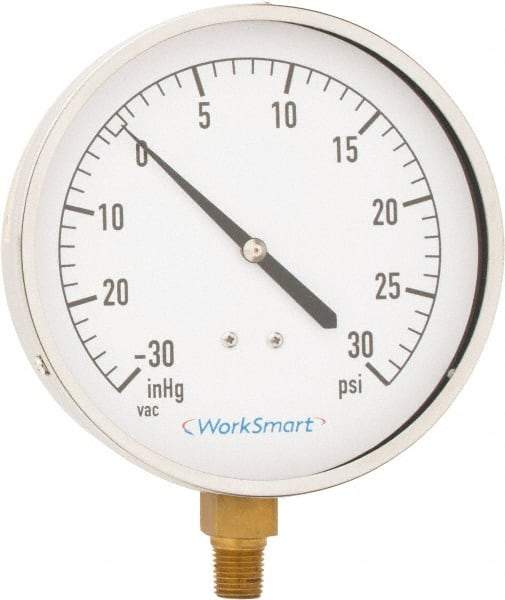Value Collection - 4-1/2" Dial, 1/4 Thread, 30-0-30 Scale Range, Pressure Gauge - Lower Connection Mount, Accurate to 0.01% of Scale - Industrial Tool & Supply