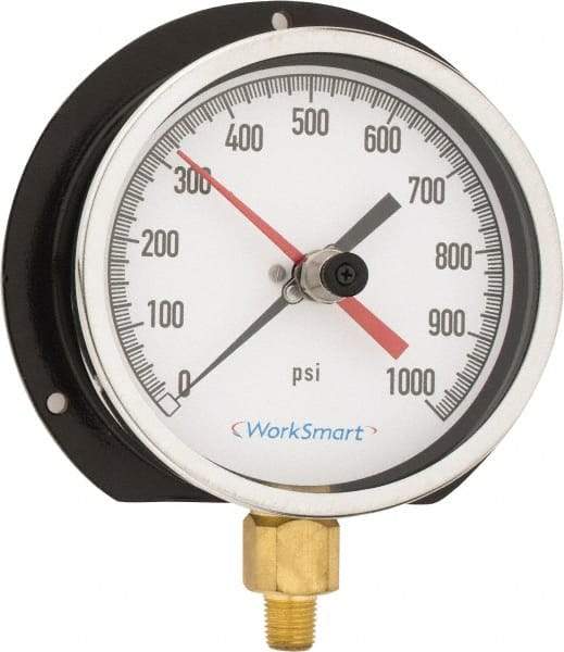 Value Collection - 4-1/2" Dial, 1/4 Thread, 0-1,000 Scale Range, Pressure Gauge - Lower Connection Mount, Accurate to 0.5% of Scale - Industrial Tool & Supply