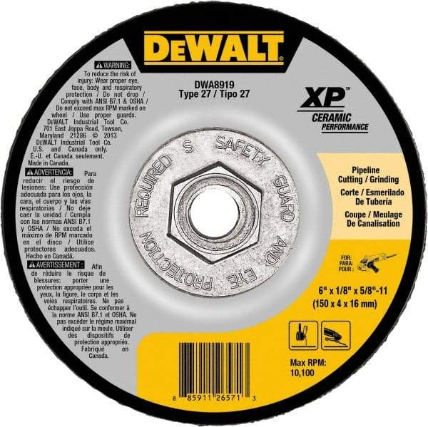 DeWALT - 24 Grit, 6" Wheel Diam, Type 27 Depressed Center Wheel - Coarse/Medium Grade, Ceramic, N Hardness, 10,100 Max RPM - Industrial Tool & Supply