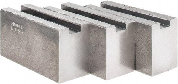 Abbott Workholding Products - 1.5mm x 60° Serrated Attachment, Square Soft Lathe Chuck Jaw - 3 Jaws, Steel, 63/64" Btw Mount Hole Ctrs, 4" Long x 1-1/2" Wide x 2" High, 0.5512" Groove, 0.4724" & 12mm Fastener - Industrial Tool & Supply